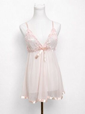 Vintage Pink Sheer Lace Babydoll Nightgown Coquette Fairycore Lingerie M
